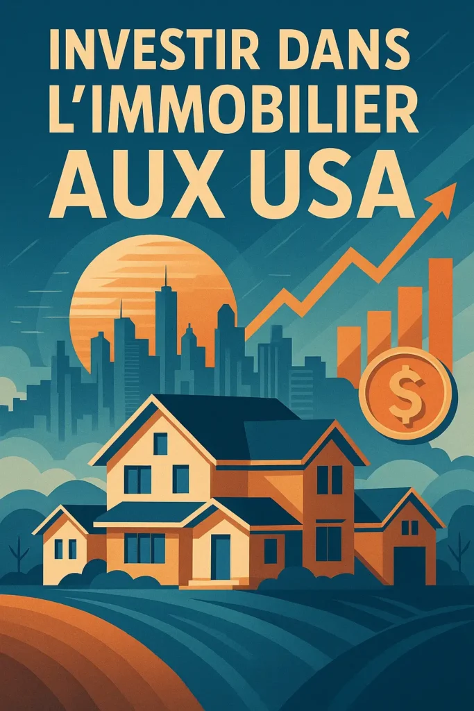 Investir dans l'immobilier aux USA : illustration stylisée avec une vue sur des maisons résidentielles, des graphiques financiers et une ville en fond.