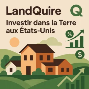 LandQuire : Illustration stylisée promouvant l'investissement foncier aux États-Unis avec le logo de LandQuire, des maisons résidentielles et des symboles de croissance financière.