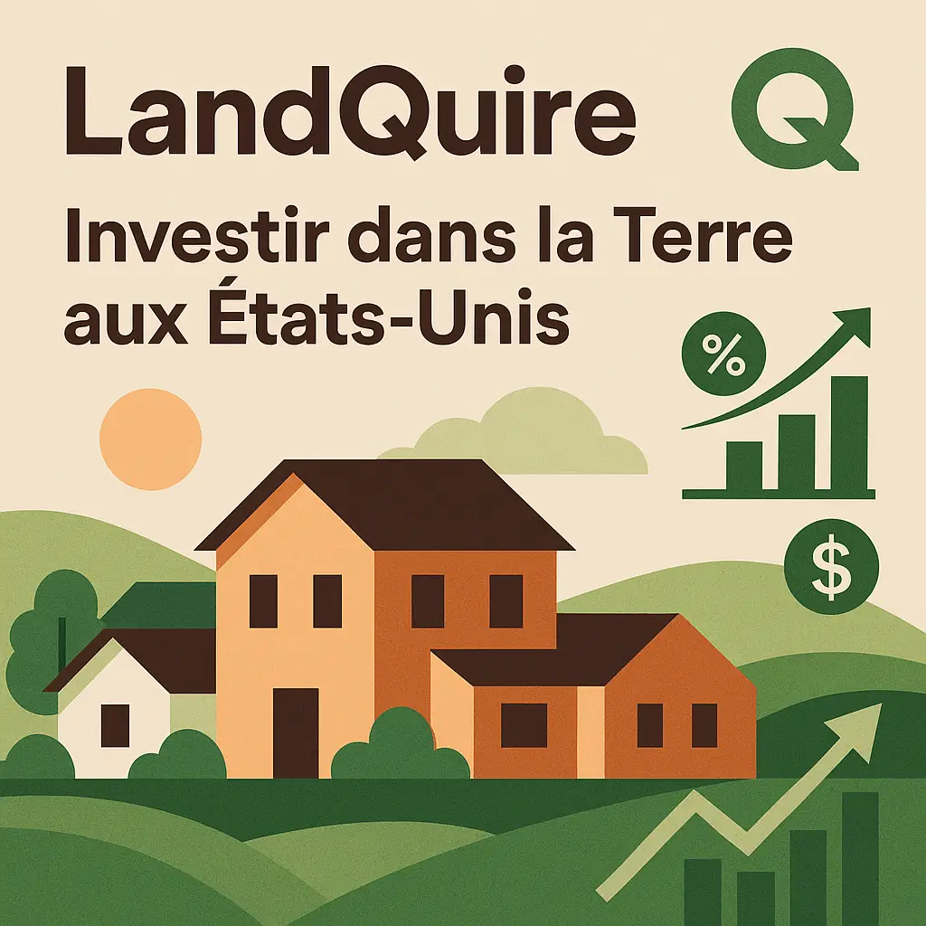 LandQuire : Illustration stylisée promouvant l'investissement foncier aux États-Unis avec le logo de LandQuire, des maisons résidentielles et des symboles de croissance financière.