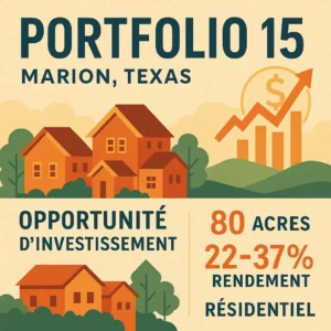 Portfolio 15 à Marion, Texas : Illustration stylisée représentant une opportunité d'investissement pour le Portfolio 15 à Marion, Texas, avec des maisons résidentielles et des graphiques financiers.
