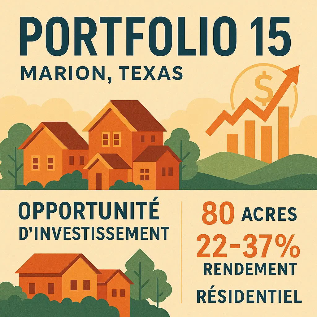 Portfolio 15 à Marion, Texas : Illustration stylisée représentant une opportunité d'investissement pour le Portfolio 15 à Marion, Texas, avec des maisons résidentielles et des graphiques financiers.