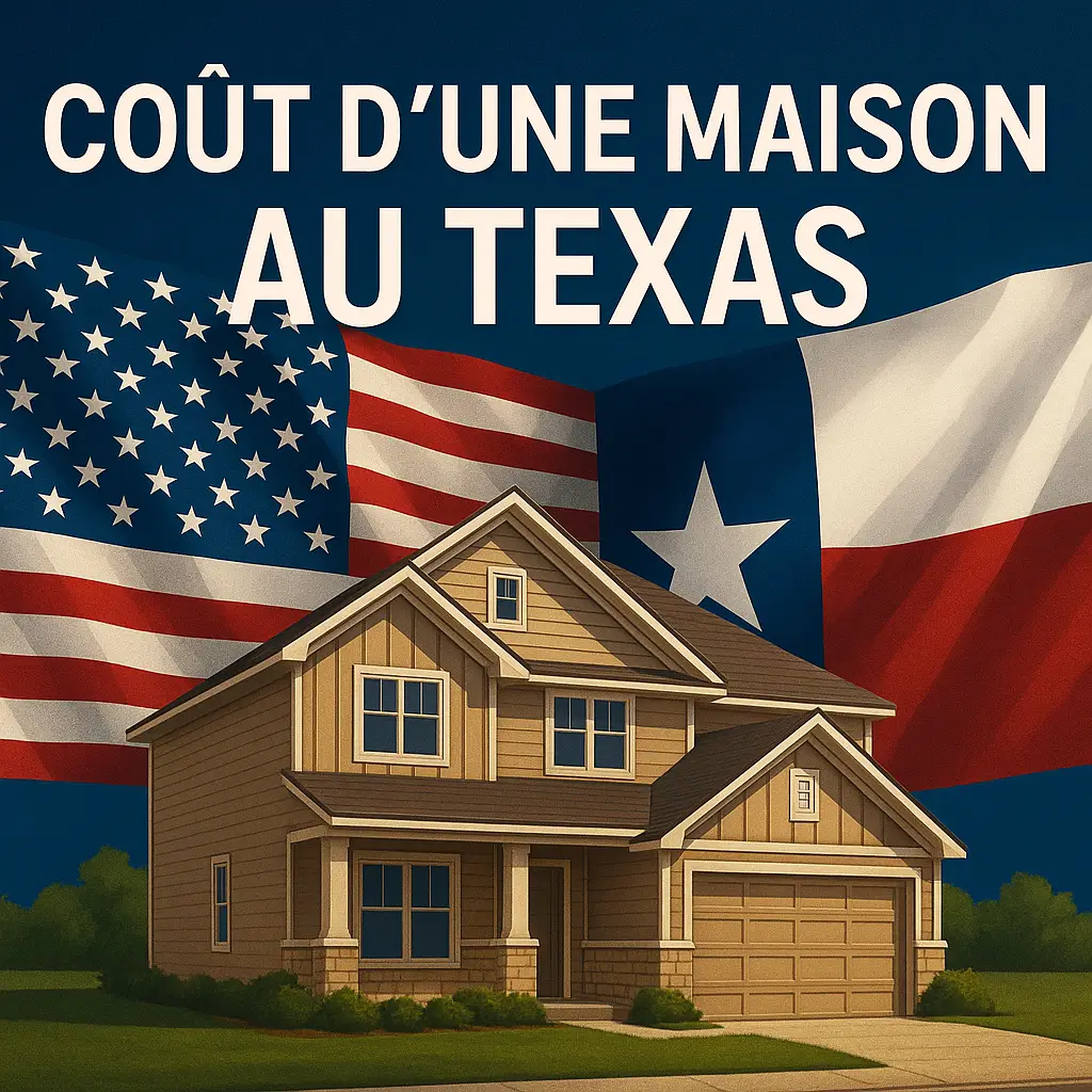 Coût Maison Texas Guide illustré avec les drapeaux américain et texan, symbolisant la construction abordable aux USA