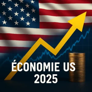 Économie US 2025 avec drapeau américain, flèche de croissance et pile de pièces symbolisant l'inflation et les prévisions économiques.