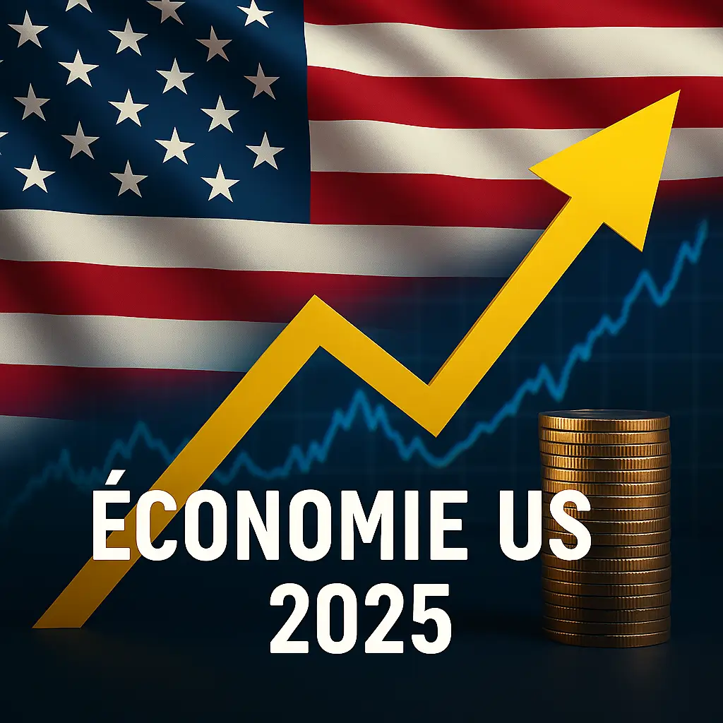 Économie US 2025 avec drapeau américain, flèche de croissance et pile de pièces symbolisant l'inflation et les prévisions économiques.