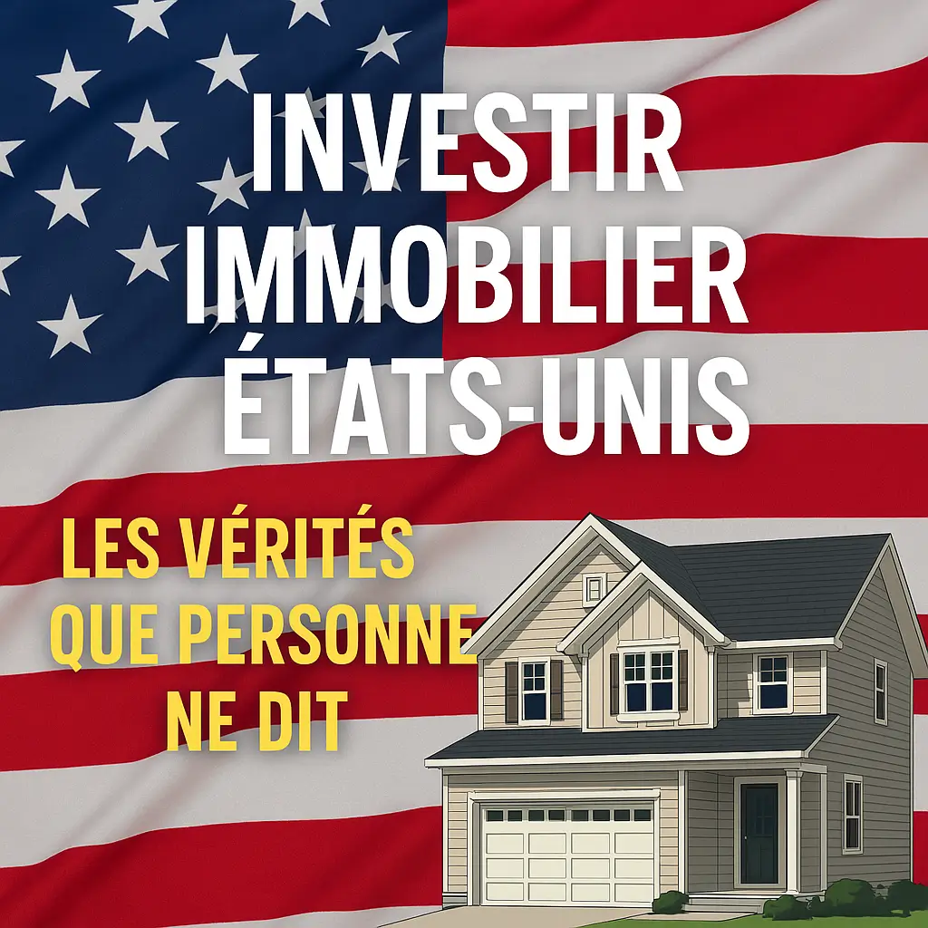 Investissement immobilier aux États-Unis – maison moderne avec drapeau américain en fond, représentant les opportunités d'achat et de placement.