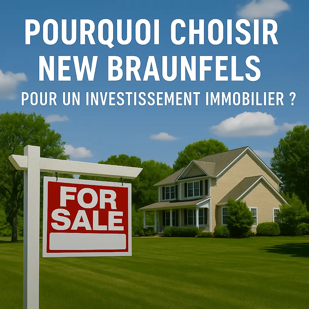 Investissement immobilier New Braunfels avec maison à vendre typique du Texas et panneau "For Sale" sur terrain verdoyant.