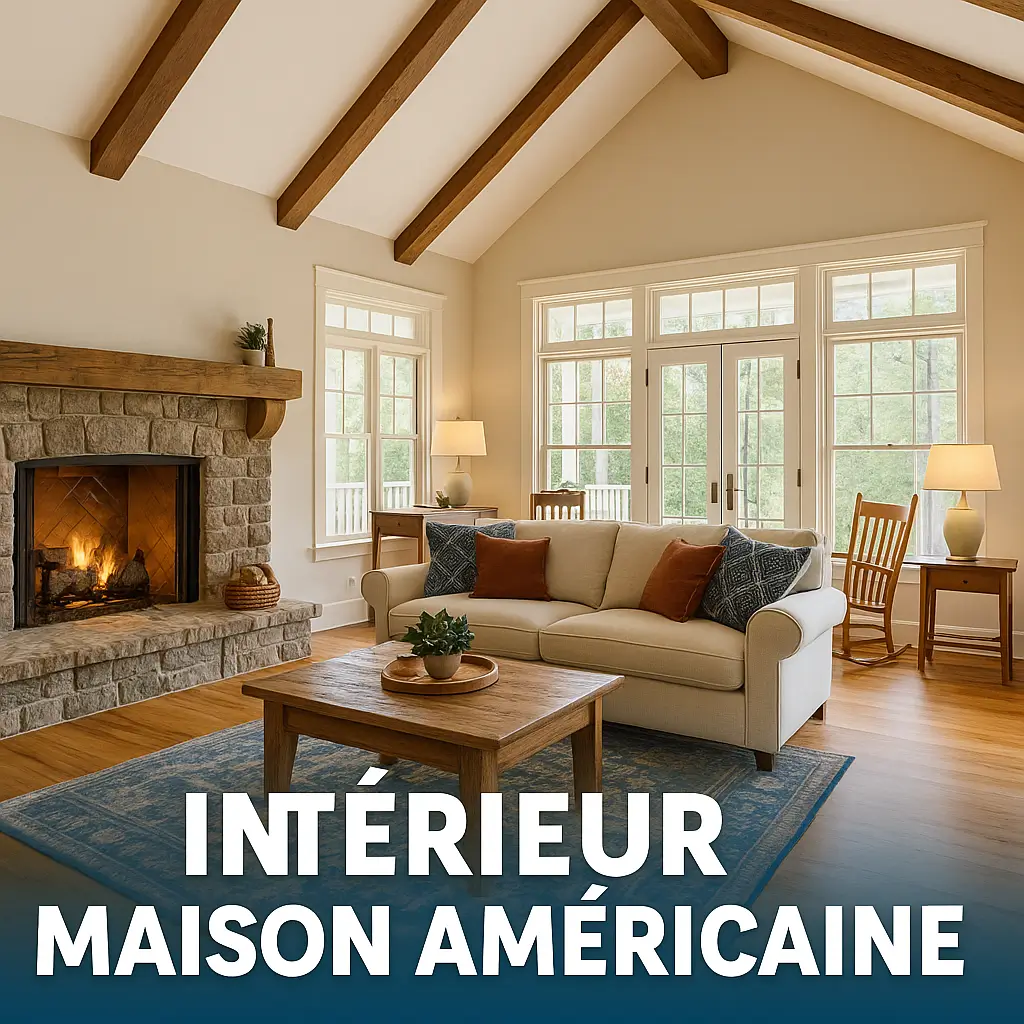 Maison américaine intérieur avec grand salon lumineux, décoration boisée et style cosy typique des USA