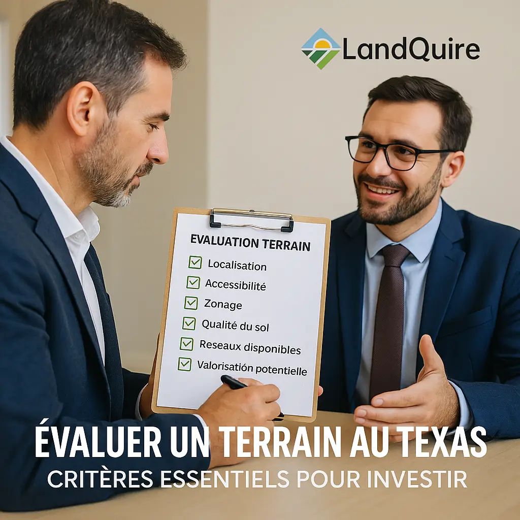 Évaluer terrain Texas investissement avec un expert LandQuire dans un bureau professionnel