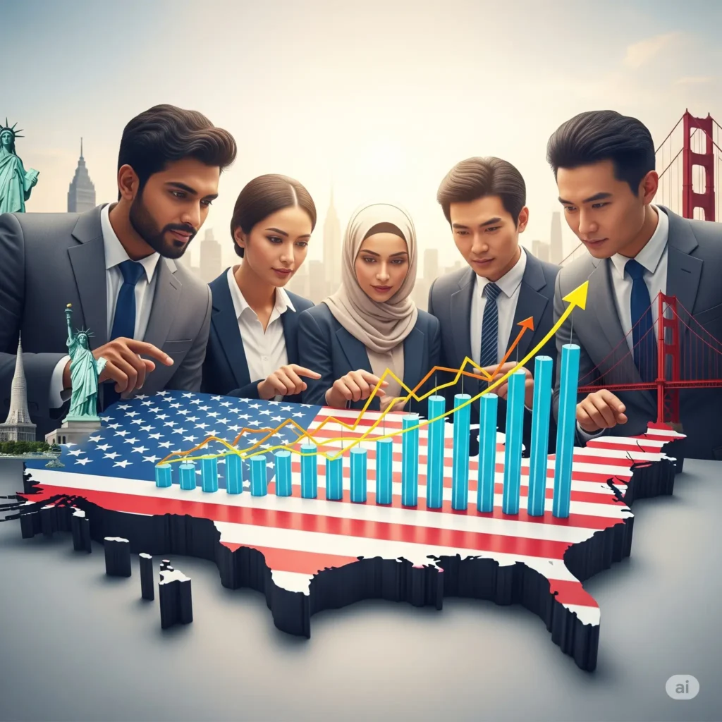 Investisseurs étrangers USA : Groupe d'investisseurs internationaux analysant le marché immobilier américain avec des graphiques de croissance.