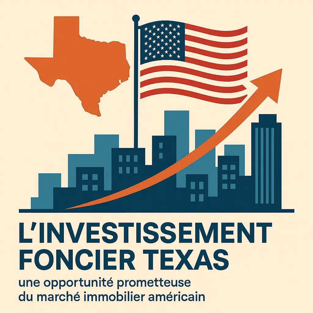 Investissement foncier Texas — illustration représentant la croissance du marché immobilier avec skyline, flèche ascendante et drapeau américain