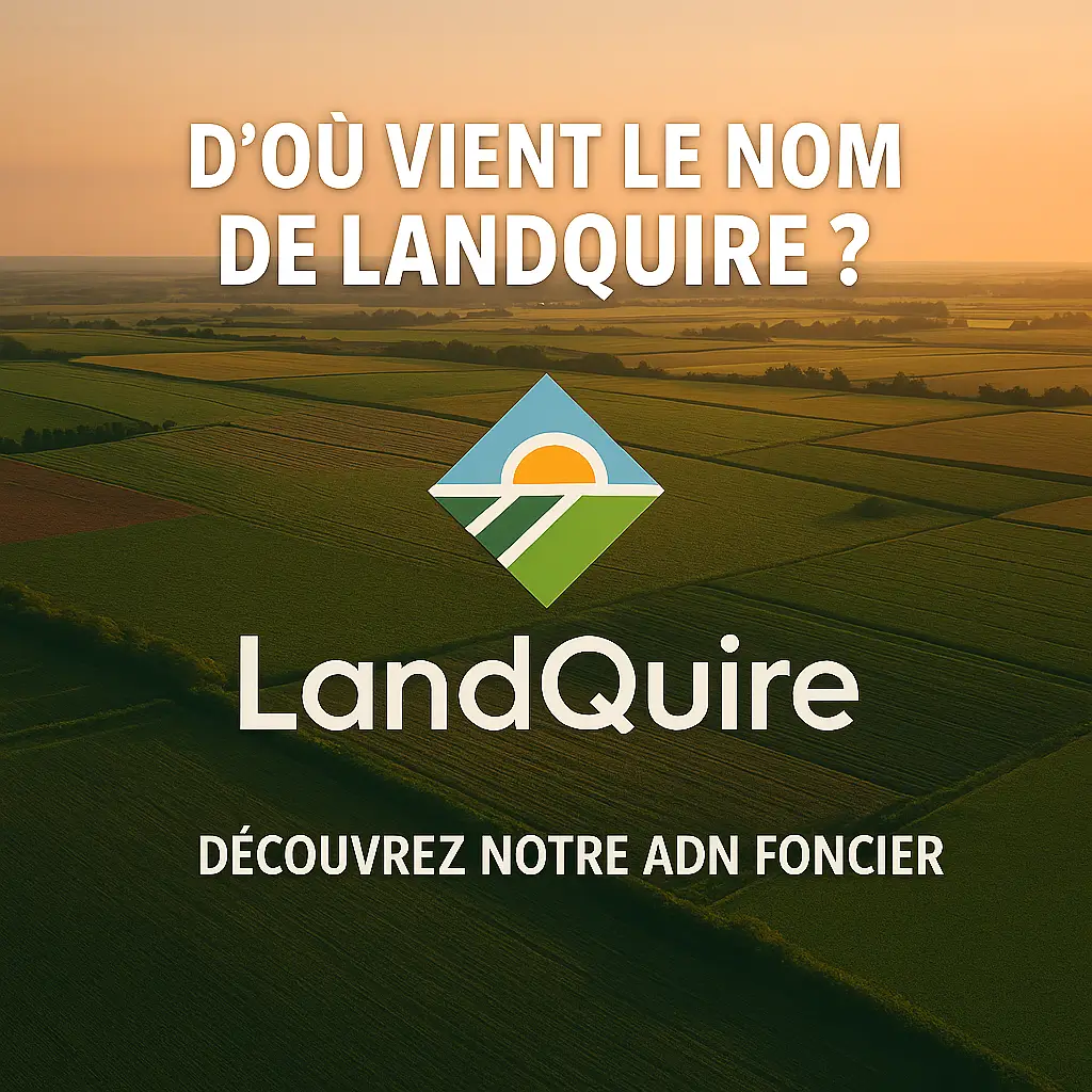 nom de LandQuire : visuel stylisé d’un champ au coucher de soleil avec le logo LandQuire