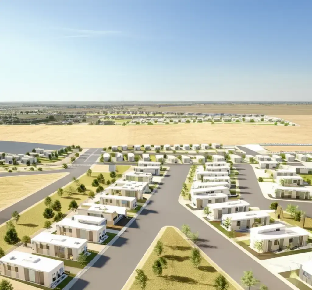 RiseQuire 1 : Investissement foncier Abilene : Vue aérienne réaliste d'un parc moderne de maisons mobiles et de camping-cars RiseQuire 1, avec infrastructures premium et espaces verts.