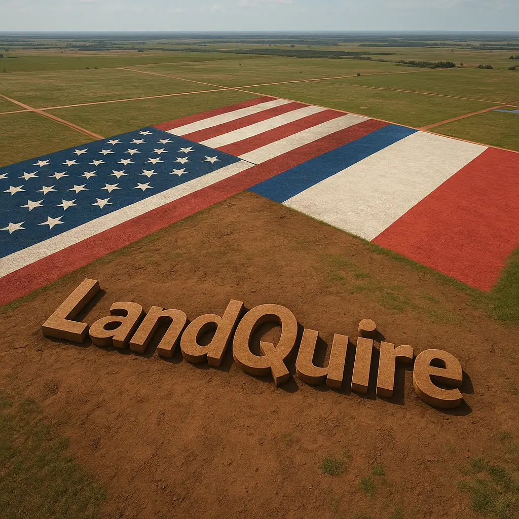 Foncier Texas Floride : vue aérienne illustrant les territoires fonciers avec le logo LandQuire incrusté et les drapeaux français et américain