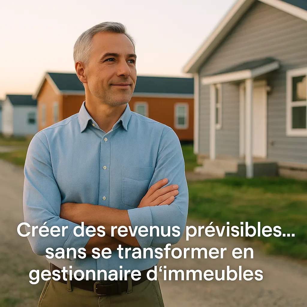 Tenant Owned Home investisseur foncier serein devant un parc résidentiel, revenus prévisibles sans gestion immobilière lourde