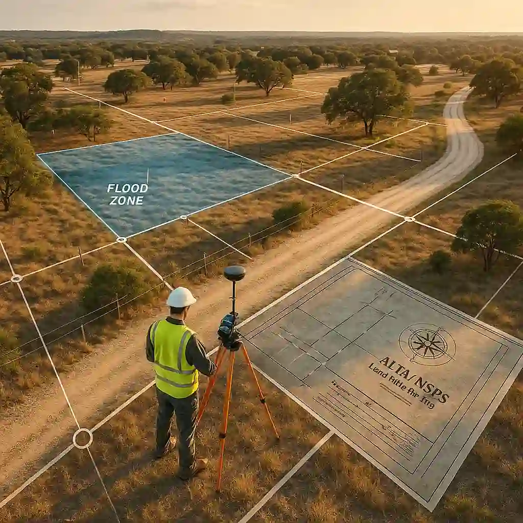 ALTA land survey — relevé foncier ALTA/NSPS au Texas montrant limites, servitudes, accès et zones FEMA sur vue aérienne