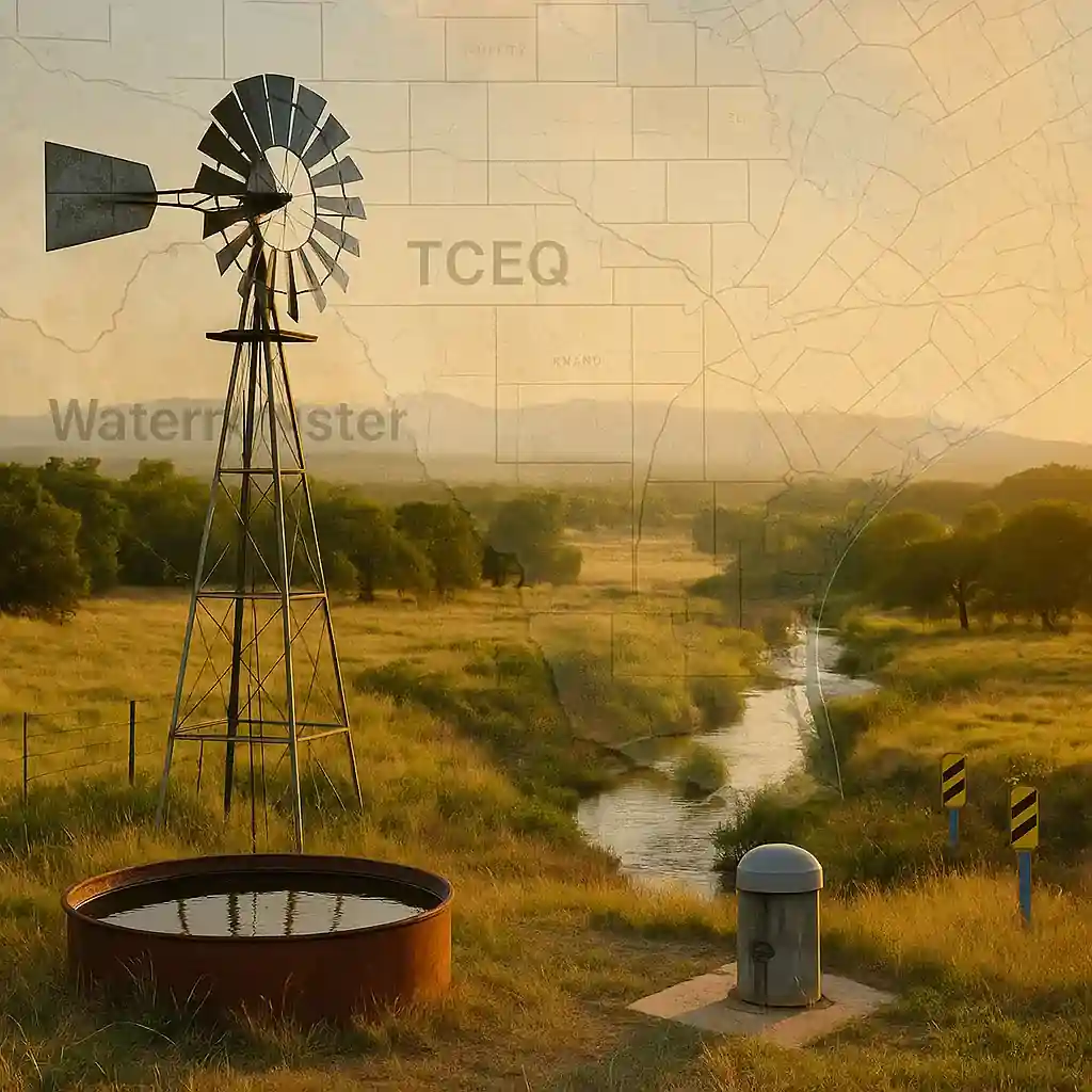 Droits eau Texas — vue aérienne avec zones FEMA, limites GCD, point de prélèvement TCEQ, Watermaster et puits sur terrain résidentiel