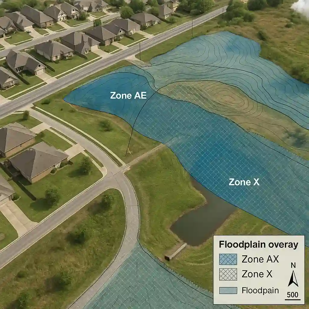 FEMA flood zones – carte FIRM (DFIRM) avec BFE, Zone AE et Zone X superposées à un MNT LiDAR