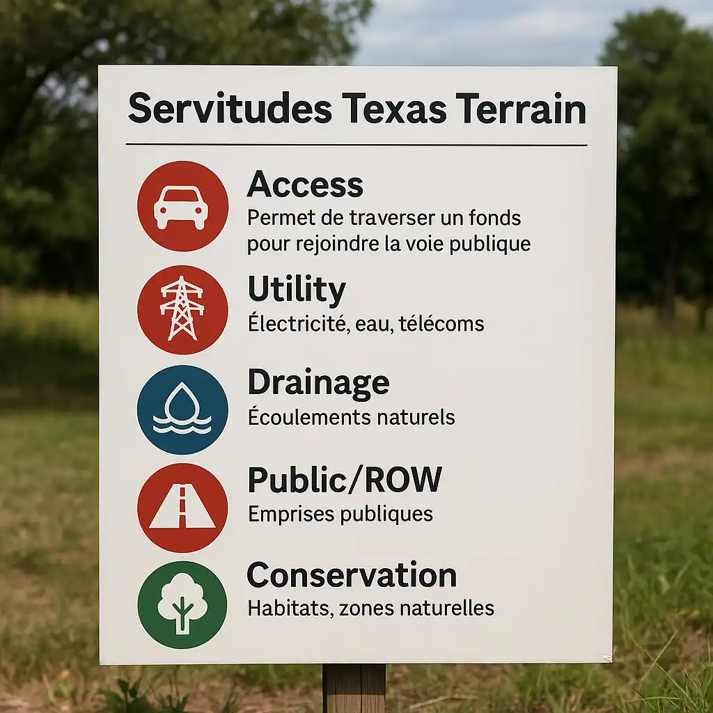 infographie des 5 types de servitudes (accès, utilités, drainage, ROW, conservation)