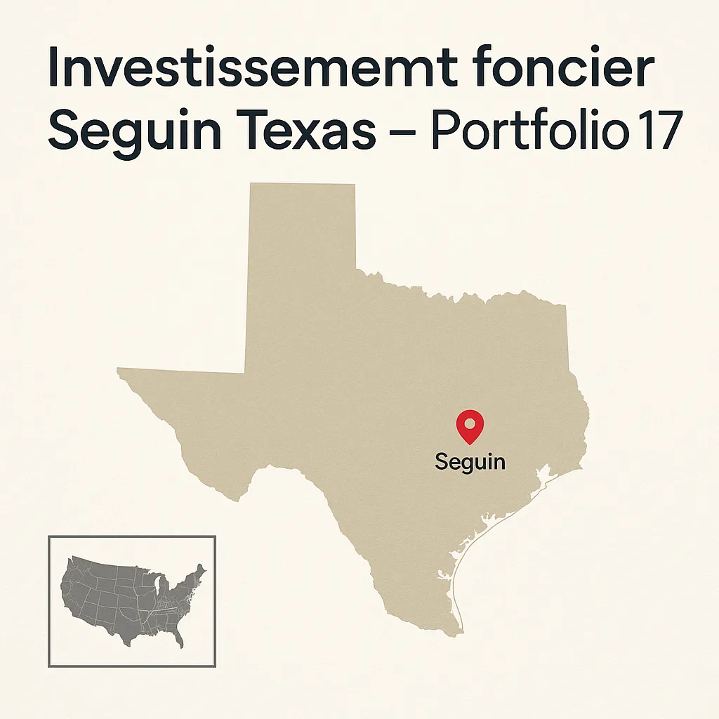 Investissement foncier Seguin Texas – carte de localisation de Seguin, repère Portfolio 17, focus I-10 et SH-46