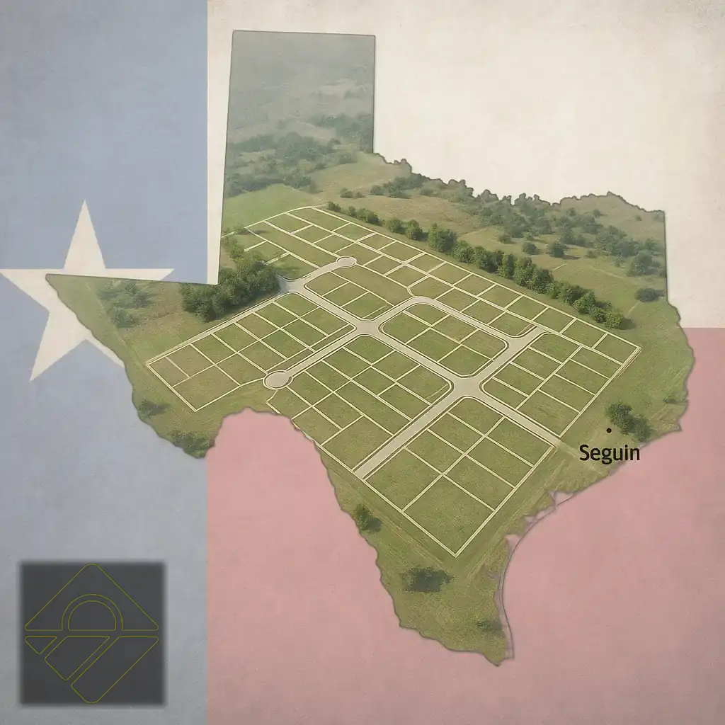 investissement foncier Seguin — visuel du Portfolio 17 : lotissement résidentiel (~140 lots) superposé à la carte du Texas, drapeau en filigrane, logo LandQuire.