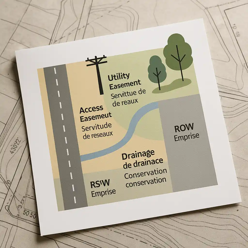 schéma réaliste des types de servitudes (accès, utilités, drainage, ROW, conservation)