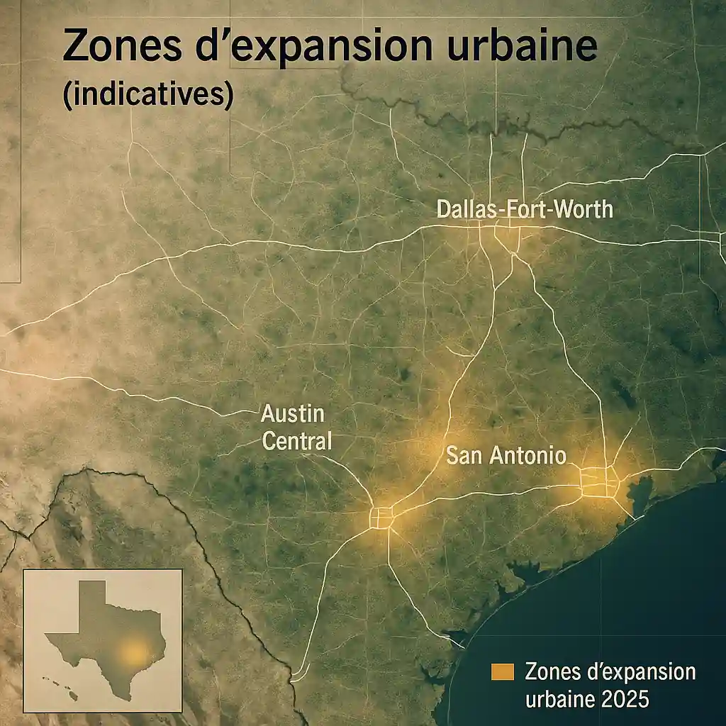 Servitudes Texas terrain : carte du Texas avec zones d’expansion urbaine 2025 (DFW, Austin, San Antonio, Houston)