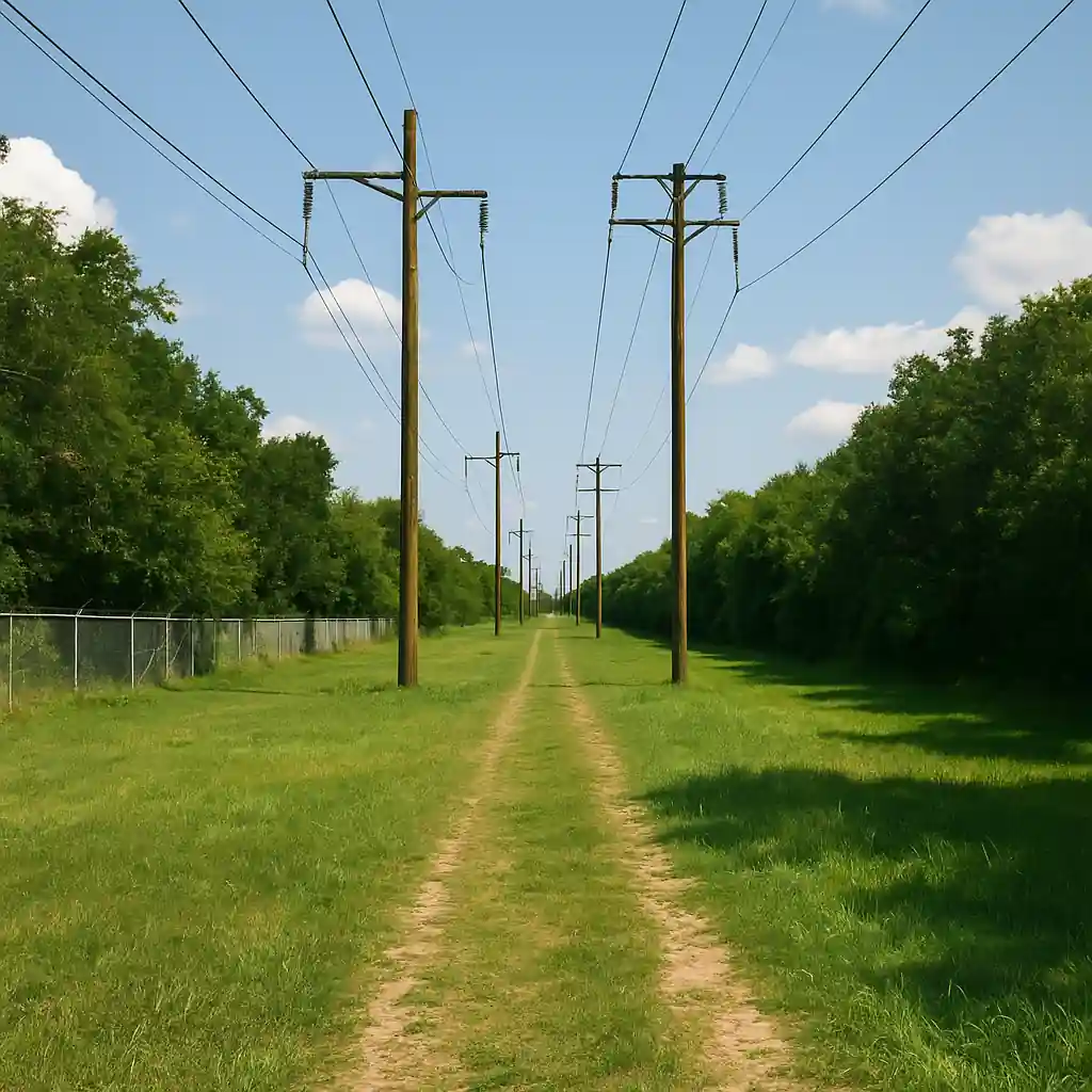 photo d’un utility easement avec lignes électriques et bande d’accès entretenue