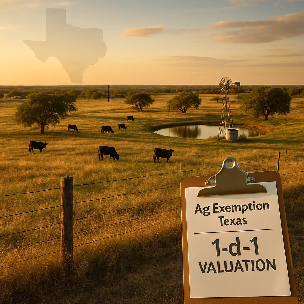 Ag exemption Texas : ranch avec pâturages, clôtures, troupeau, mare et éolienne illustrant l’évaluation agricole 1-d-1