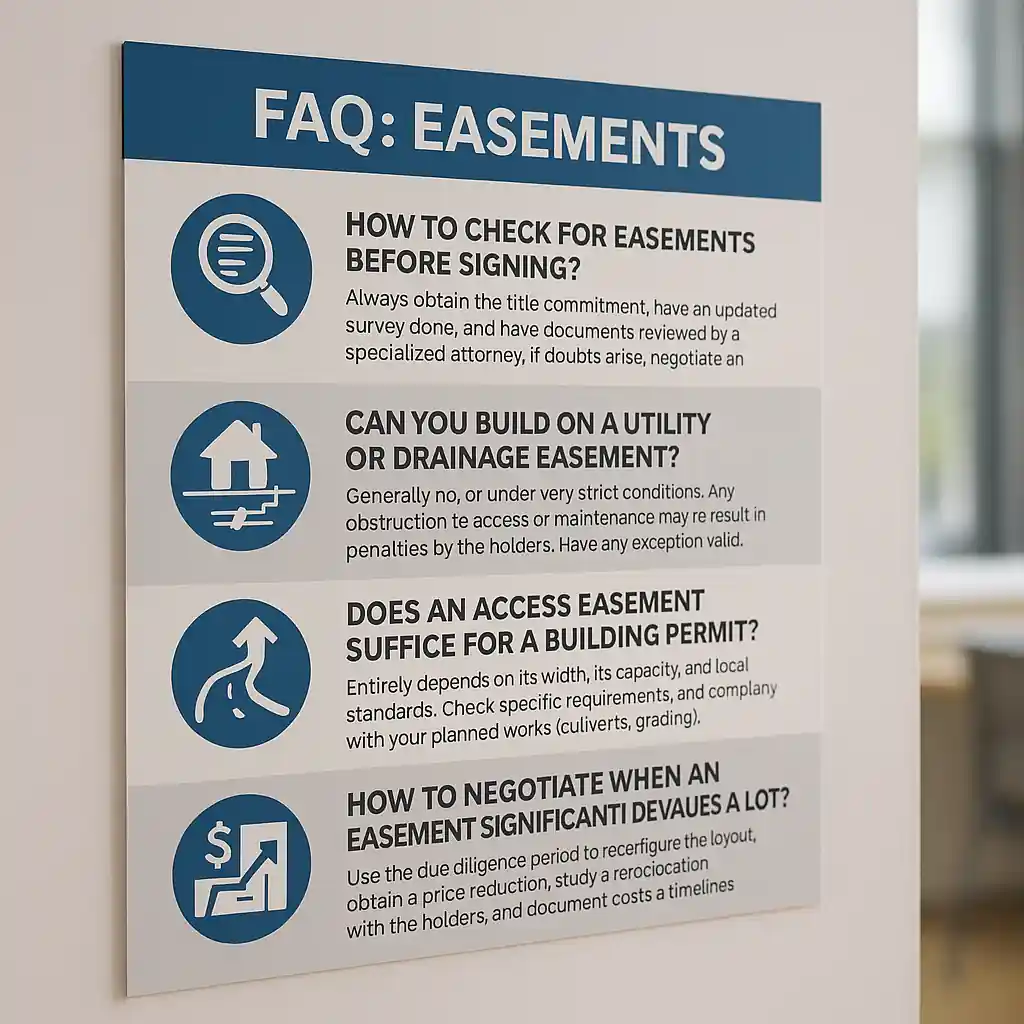 Servitudes Texas terrain : infographie FAQ Q/R (vérification, construction, accès, négociation)