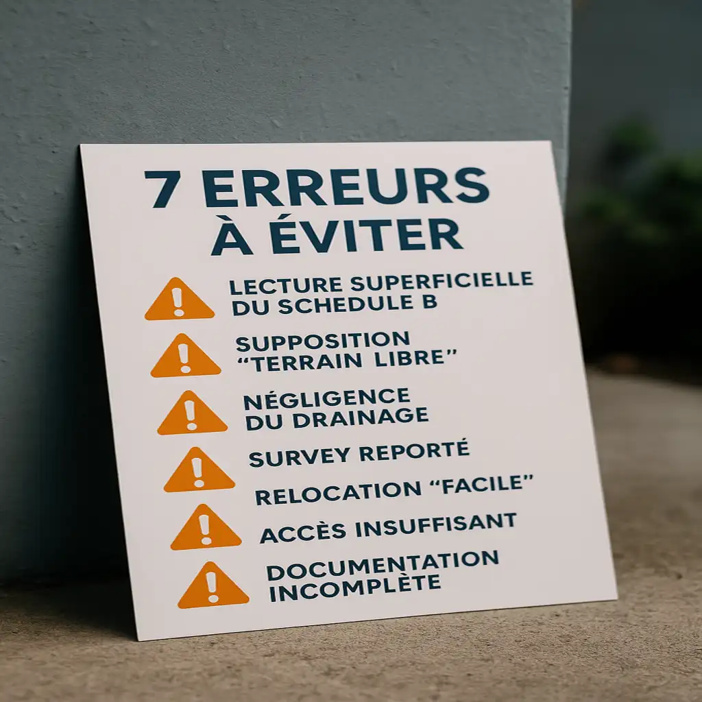 Servitudes Texas terrain : infographie “7 erreurs” avec icônes d’alerte