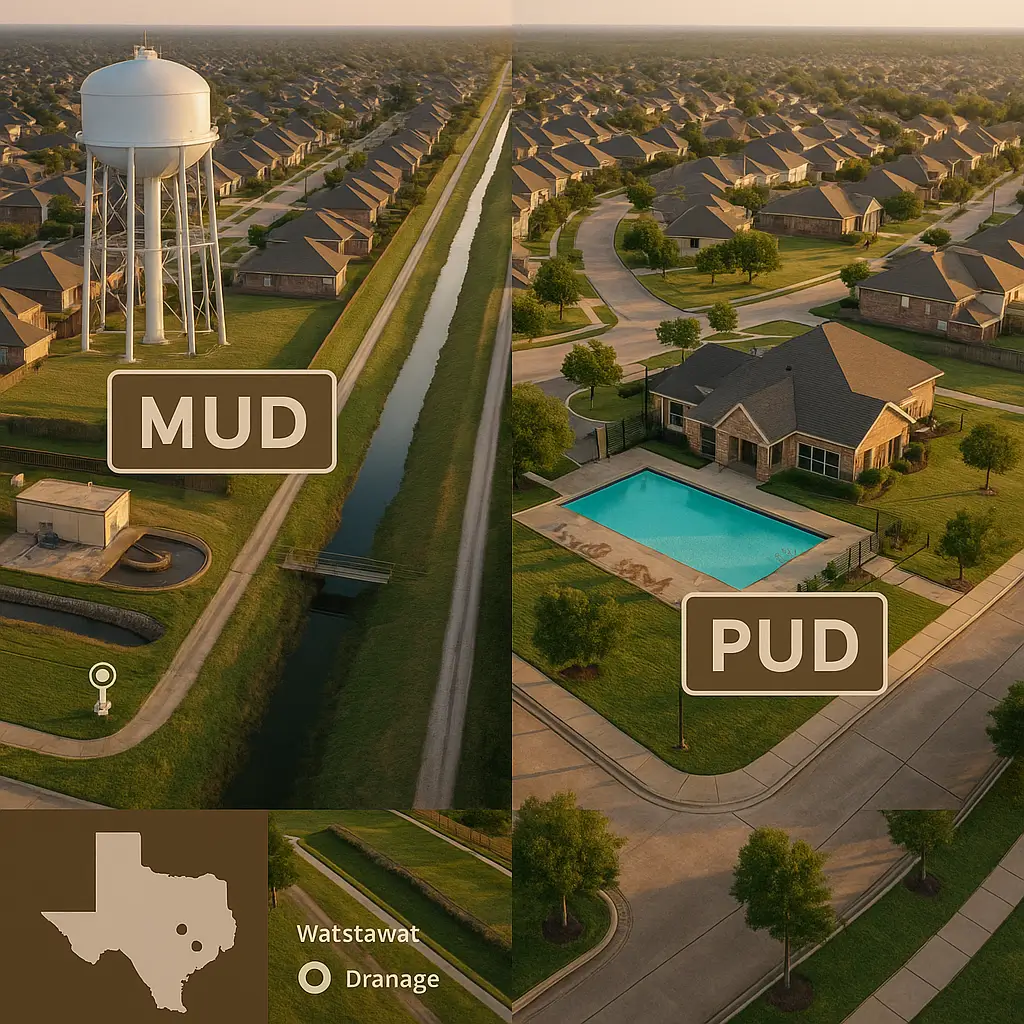 MUD et PUD – vue aérienne d’un lotissement texan illustrant limites de district, réseaux (eau/égouts/drainage) et périmètre HOA