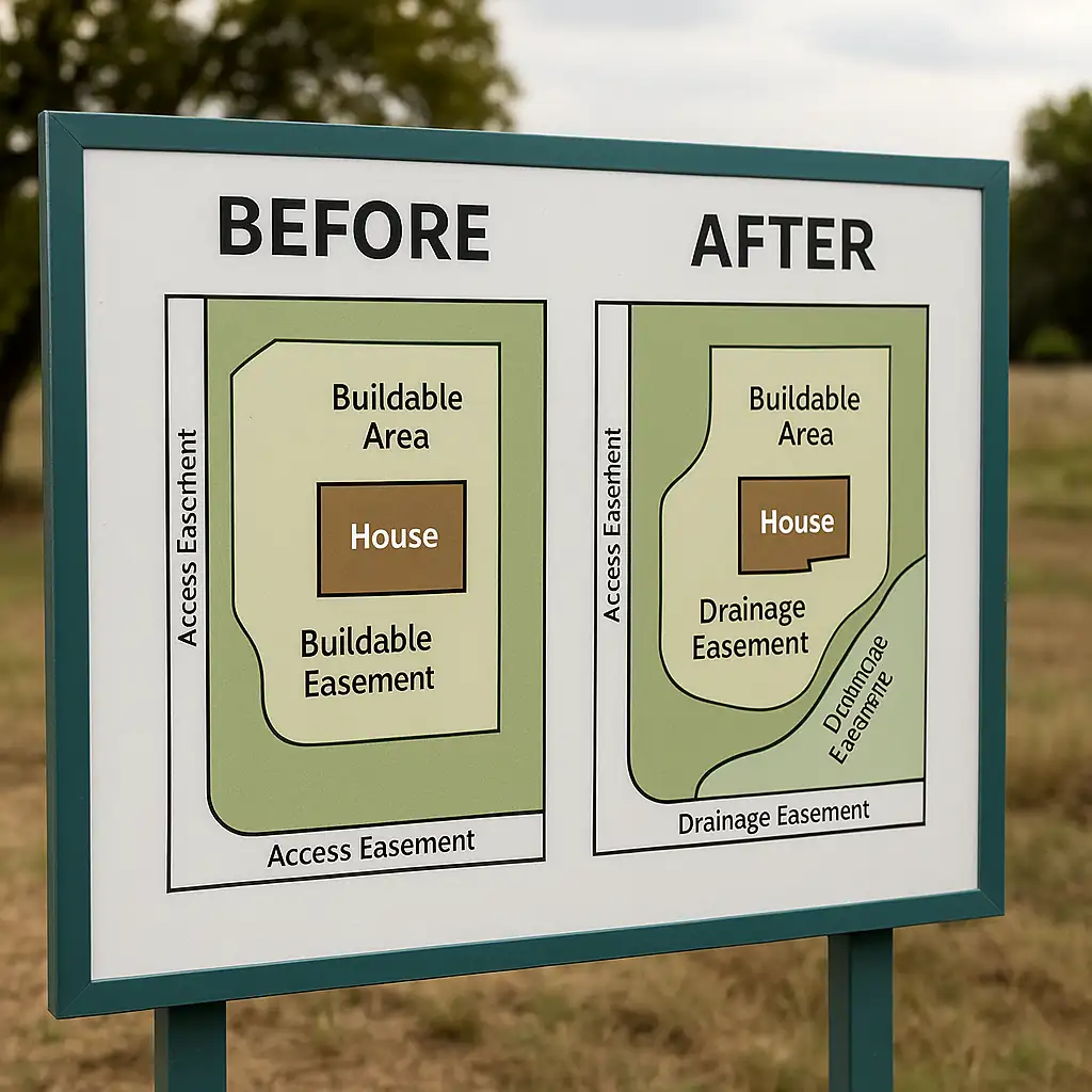 plan avant/après avec zones constructibles (accès & drainage)