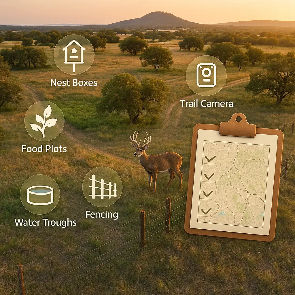 wildlife management plan Texas illustrant la gestion de la faune avec clôtures, abreuvoirs, nichoirs et caméra-piège