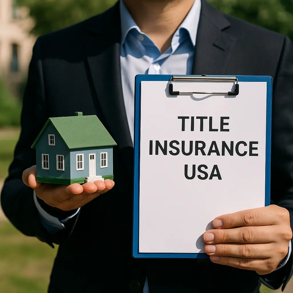 Title insurance USA – contrat immobilier américain avec tampon notarial et plan du Texas sur un bureau professionnel