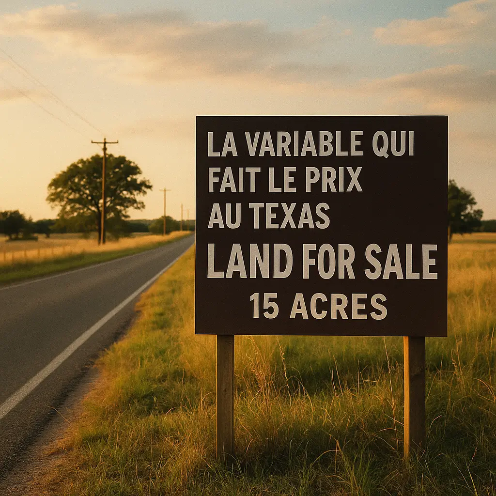 accès et frontage texas – panneau land for sale illustrant la variable qui fait le prix au Texas