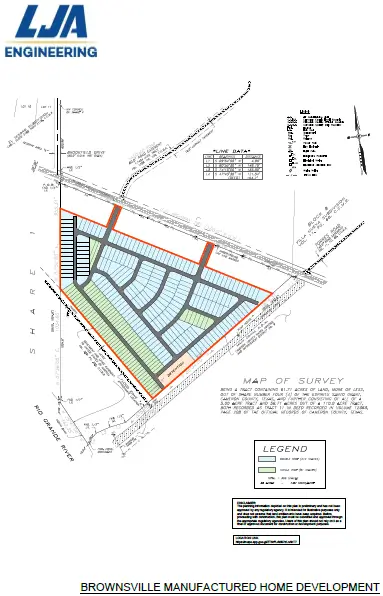 Plan de lots du projet Brownsville Manufactured Home Development avec découpage des parcelles et tracés techniques réalisés par LJA Engineering.