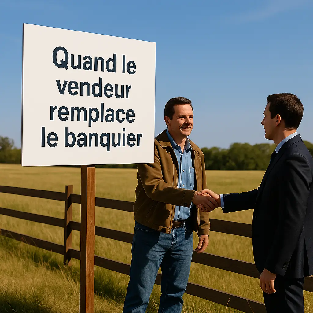 Contrats vendeur terrain – poignée de mains entre un vendeur et un acheteur devant un panneau annonçant un financement vendeur sur un terrain texan.