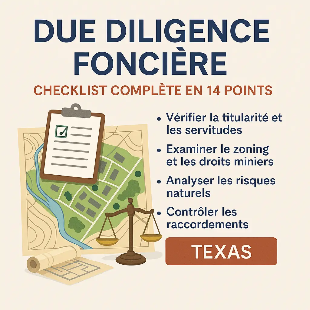 due diligence foncière Texas – checklist complète en 14 points pour vérifier titres, servitudes, zoning et raccordements