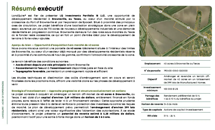 Résumé exécutif du projet foncier LQ18 à Brownsville Texas – opportunité LandQuire